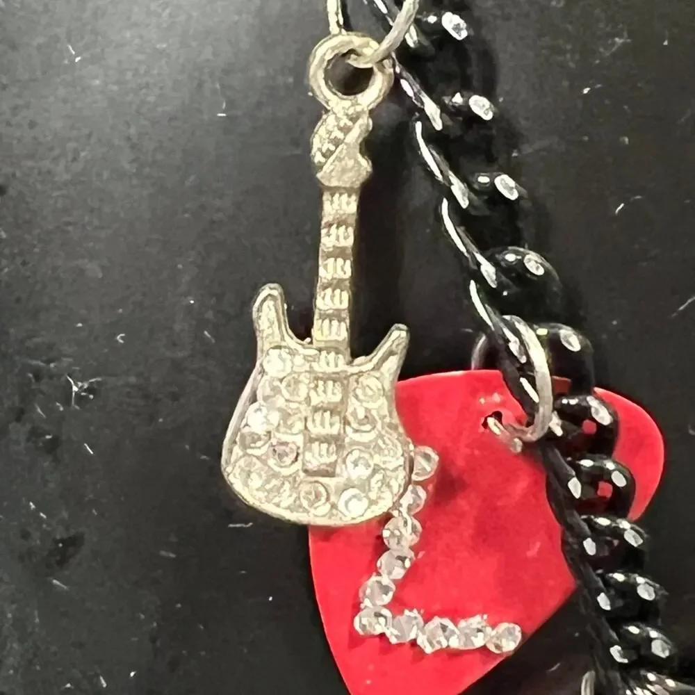 Handmade Red Guitar Pendant LOVE Guitar Pick Crystal Heart Necklace 12.75”